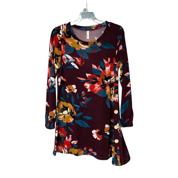 NWT Igenjun Floral Long Sleeve Shift Dress Size Small Button Detail‎ Asymmetric - Picture 2 of 6